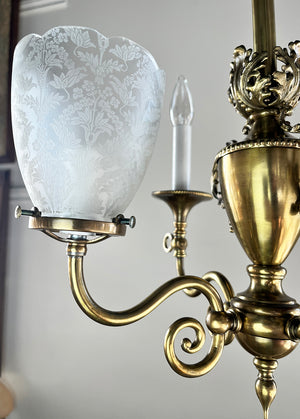 Antique 1895 Converted Gas Electric Four Light Fixture with Urn Center Body and Cast Acanthus Details