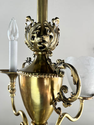 Antique 1895 Converted Gas Electric Four Light Fixture with Urn Center Body and Cast Acanthus Details