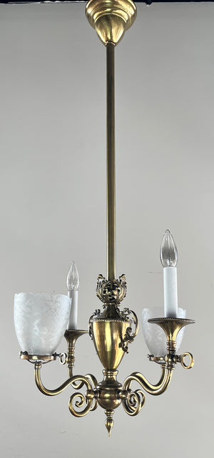 Antique 1895 Converted Gas Electric Four Light Fixture with Urn Center Body and Cast Acanthus Details