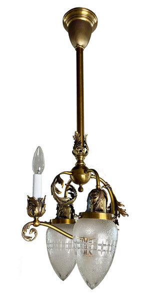 Stunning Antique Circa 1900 Rococo Reviva Three Light Gas Electric Pendant with Original Cut and Etched Bullet Shades