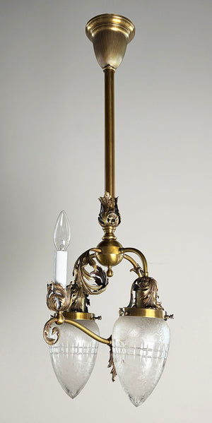 Stunning Antique Circa 1900 Rococo Reviva Three Light Gas Electric Pendant with Original Cut and Etched Bullet Shades