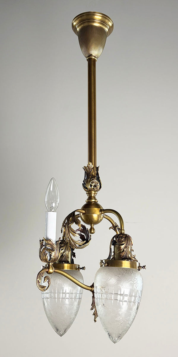 Stunning Antique Circa 1900 Rococo Revival Three Light Gas Electric Pe ...