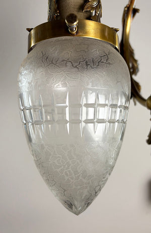 Stunning Antique Circa 1900 Rococo Reviva Three Light Gas Electric Pendant with Original Cut and Etched Bullet Shades