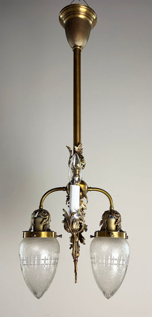 Stunning Antique Circa 1900 Rococo Reviva Three Light Gas Electric Pendant with Original Cut and Etched Bullet Shades