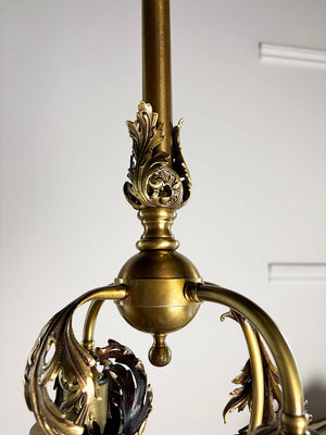 Stunning Antique Circa 1900 Rococo Reviva Three Light Gas Electric Pendant with Original Cut and Etched Bullet Shades