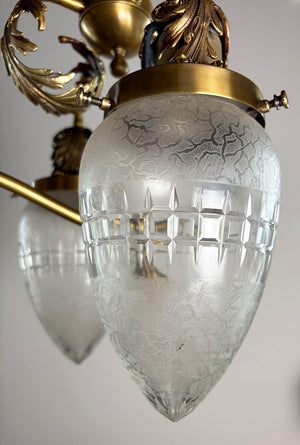 Stunning Antique Circa 1900 Rococo Reviva Three Light Gas Electric Pendant with Original Cut and Etched Bullet Shades