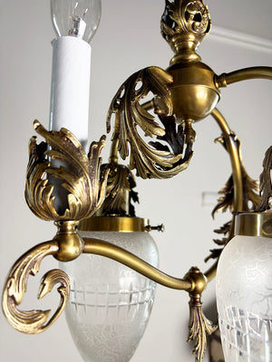 Stunning Antique Circa 1900 Rococo Reviva Three Light Gas Electric Pendant with Original Cut and Etched Bullet Shades