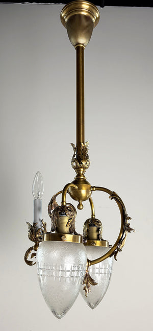 Stunning Antique Circa 1900 Rococo Reviva Three Light Gas Electric Pendant with Original Cut and Etched Bullet Shades
