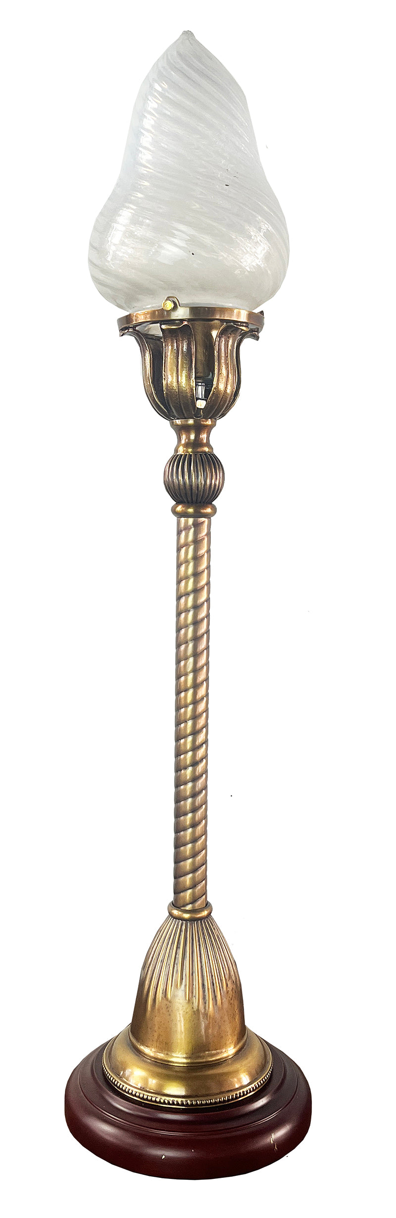 Antique Circa 1905 Early Electric Converted Newel Post Light With Rope Tubing and Opal Swirl Shade