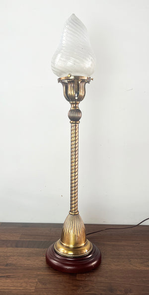 Antique Circa 1905 Early Electric Converted Newel Post Light With Rope Tubing and Opal Swirl Shade