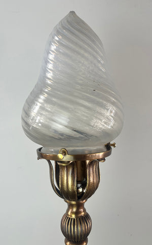 Antique Circa 1905 Early Electric Converted Newel Post Light With Rope Tubing and Opal Swirl Shade