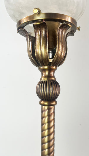 Antique Circa 1905 Early Electric Converted Newel Post Light With Rope Tubing and Opal Swirl Shade