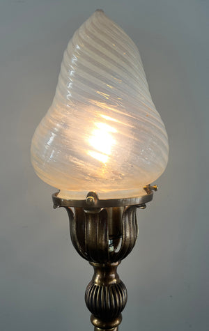 Antique Circa 1905 Early Electric Converted Newel Post Light With Rope Tubing and Opal Swirl Shade