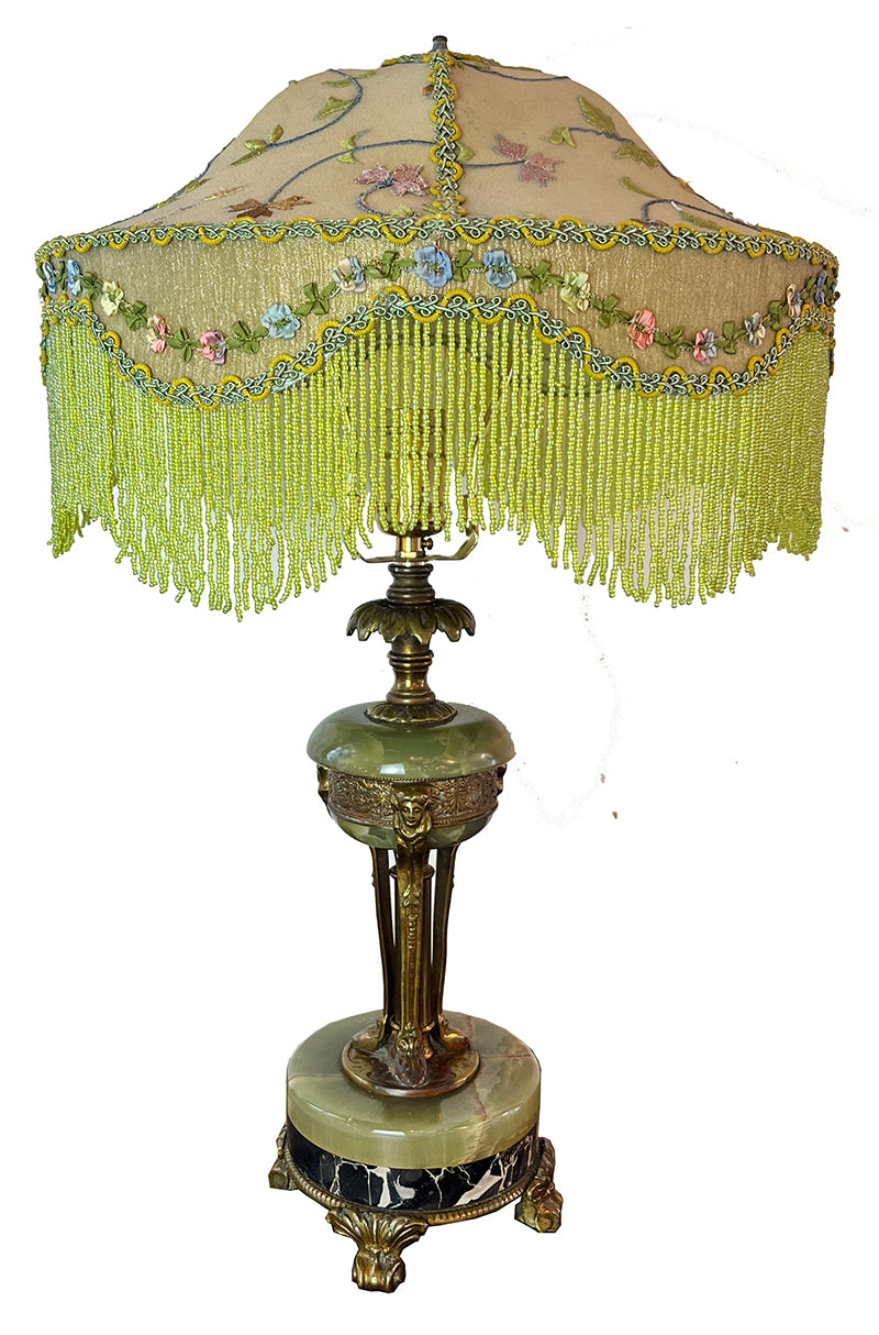 Antique Early 1910 Onyx and Brass Three Footed Table with Handmade Embroidered and Handbeaded Shade