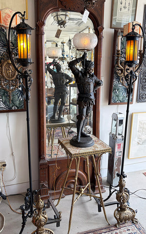 $3000 PAIR - Incredible pair of early 1900s Arts and Crafts Wrought Iron Lantern Floor Lamps with Amber Glass Cylinder Shades