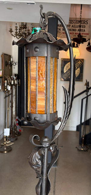 $3000 PAIR - Incredible pair of early 1900s Arts and Crafts Wrought Iron Lantern Floor Lamps with Amber Glass Cylinder Shades