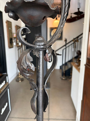 $3000 PAIR - Incredible pair of early 1900s Arts and Crafts Wrought Iron Lantern Floor Lamps with Amber Glass Cylinder Shades