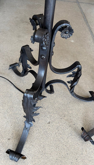 $3000 PAIR - Incredible pair of early 1900s Arts and Crafts Wrought Iron Lantern Floor Lamps with Amber Glass Cylinder Shades
