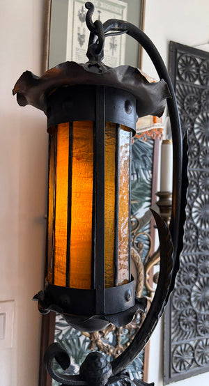 $3000 PAIR - Incredible pair of early 1900s Arts and Crafts Wrought Iron Lantern Floor Lamps with Amber Glass Cylinder Shades