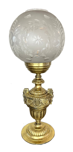 Antique Circa 1910 Beaux Arts Gilt Table Lamp with Original Wheel Cut Leaf and Star Cut Shade