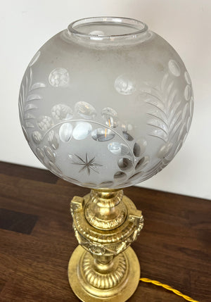 Antique Circa 1910 Beaux Arts Gilt Table Lamp with Original Wheel Cut Leaf and Star Cut Shade