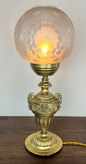 Antique Circa 1910 Beaux Arts Gilt Table Lamp with Original Wheel Cut Leaf and Star Cut Shade