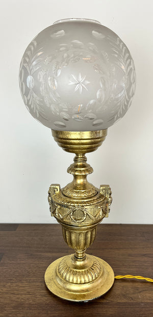 Antique Circa 1910 Beaux Arts Gilt Table Lamp with Original Wheel Cut Leaf and Star Cut Shade