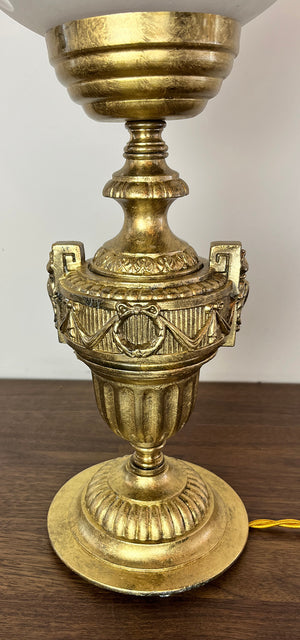 Antique Circa 1910 Beaux Arts Gilt Table Lamp with Original Wheel Cut Leaf and Star Cut Shade