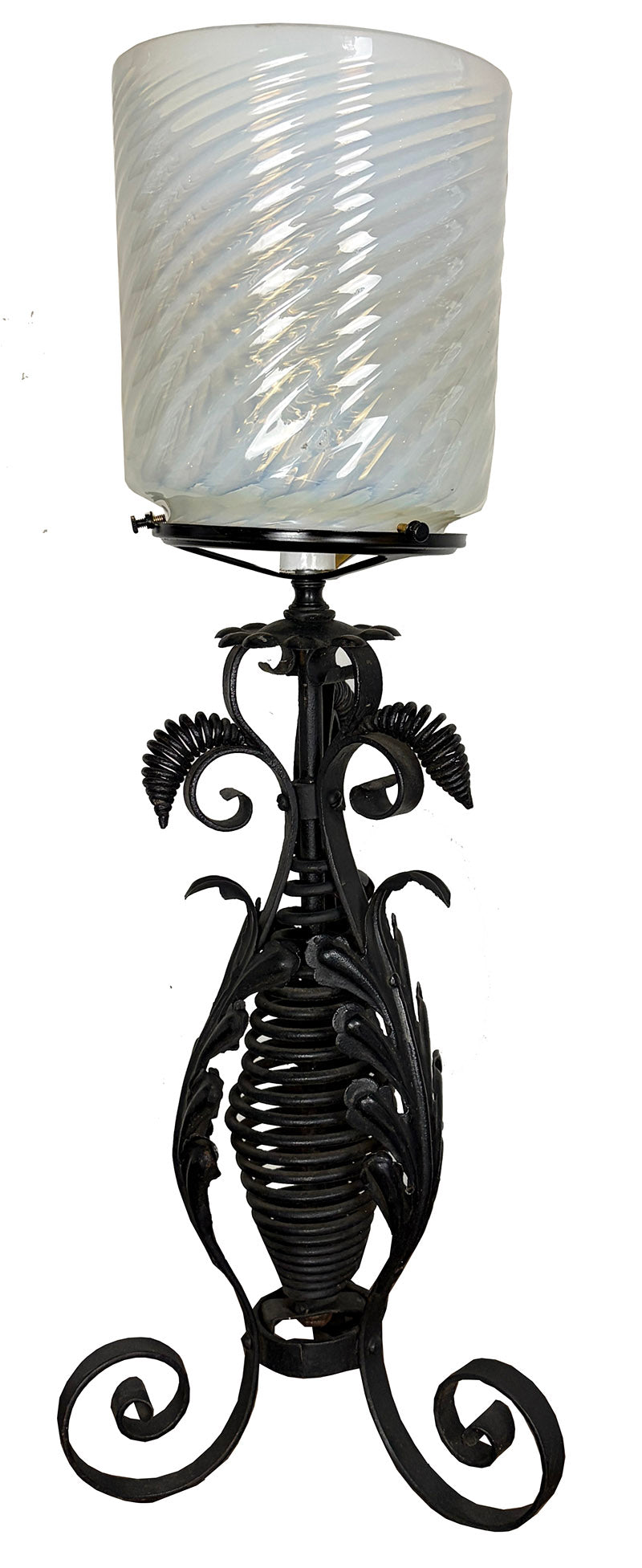 Antique late 1890s early 1900s Victorian Wrought Iron Table Lamp with Antique Opal Swirl Shade