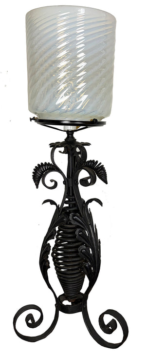 Antique late 1890s early 1900s Victorian Wrought Iron Table Lamp with Antique Opal Swirl Shade