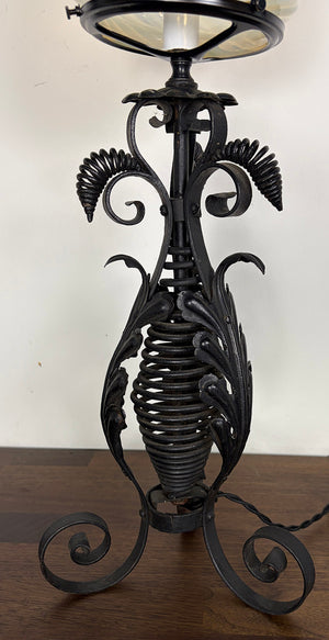 Antique late 1890s early 1900s Victorian Wrought Iron Table Lamp with Antique Opal Swirl Shade