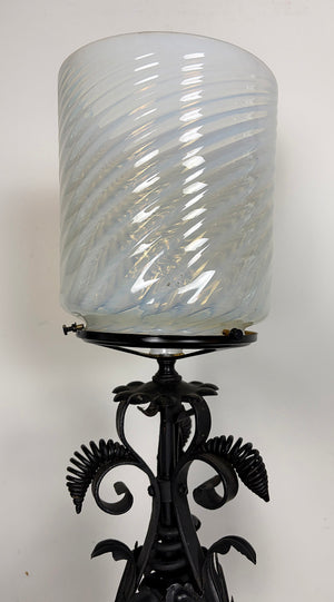 Antique late 1890s early 1900s Victorian Wrought Iron Table Lamp with Antique Opal Swirl Shade