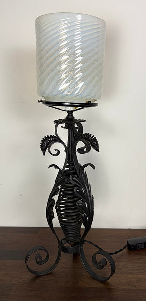 Antique late 1890s early 1900s Victorian Wrought Iron Table Lamp with Antique Opal Swirl Shade