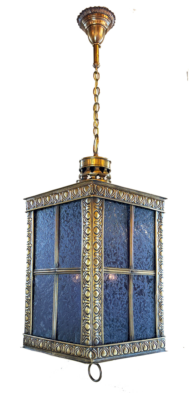 Antique Circa 1905 Embossed Beaux Arts Edwardian Four Sided Lantern with Blue Iced Glass Panels