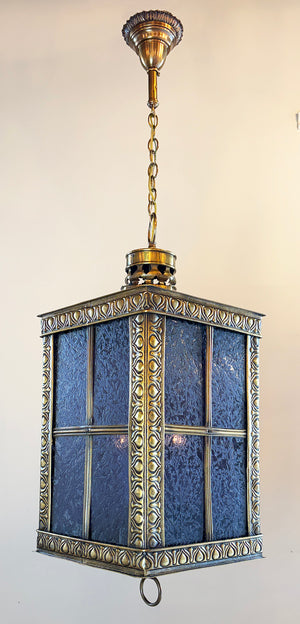 Antique Circa 1905 Embossed Beaux Arts Edwardian Four Sided Lantern with Blue Iced Glass Panels
