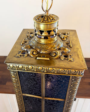 Antique Circa 1905 Embossed Beaux Arts Edwardian Four Sided Lantern with Blue Iced Glass Panels