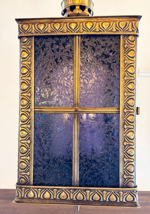 Antique Circa 1905 Embossed Beaux Arts Edwardian Four Sided Lantern with Blue Iced Glass Panels