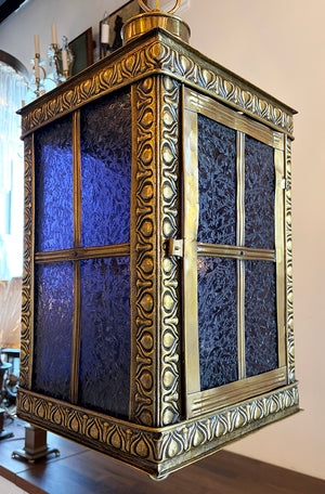 Antique Circa 1905 Embossed Beaux Arts Edwardian Four Sided Lantern with Blue Iced Glass Panels