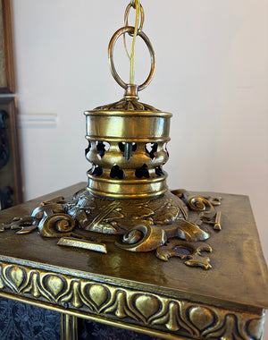 Antique Circa 1905 Embossed Beaux Arts Edwardian Four Sided Lantern with Blue Iced Glass Panels