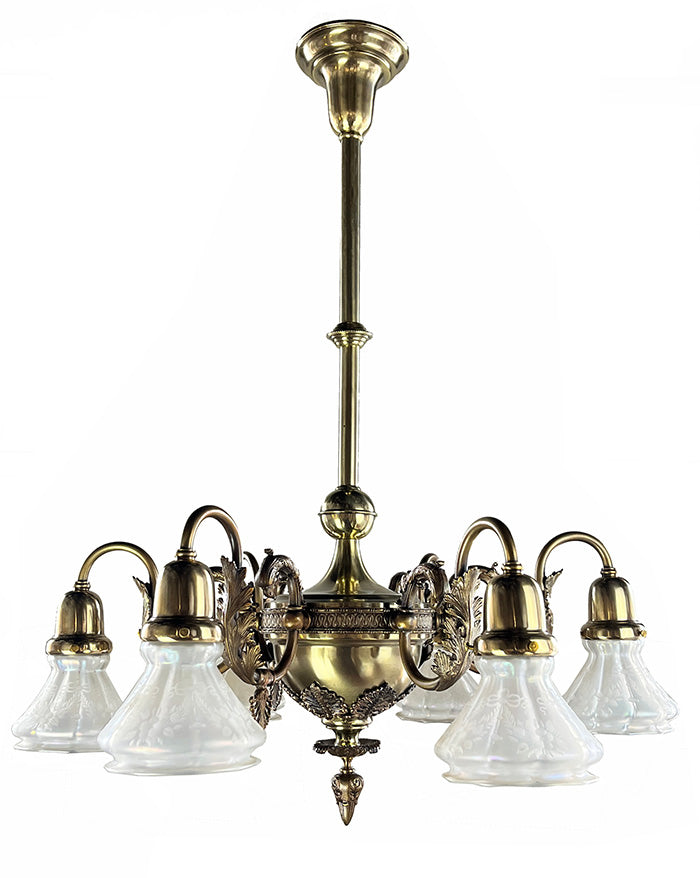 Antique 1895-1900 Era Antique Gas Electric Six Light Combination Chandelier with Cast Gryphon Head Arms and Antique Steuben Verre de Soie Shades