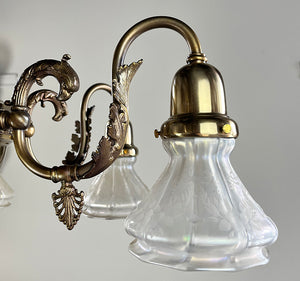 Antique 1895-1900 Era Antique Gas Electric Six Light Combination Chandelier with Cast Gryphon Head Arms and Antique Steuben Verre de Soie Shades