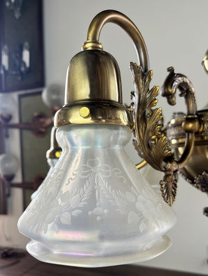 Antique 1895-1900 Era Antique Gas Electric Six Light Combination Chandelier with Cast Gryphon Head Arms and Antique Steuben Verre de Soie Shades