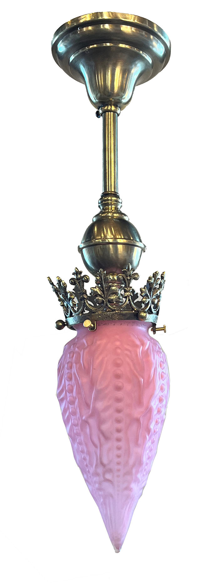 Antique Circa 1900 Late Victorian Pendant with Decorative Cast Brass Gallery and Original Pink Bullet Shade