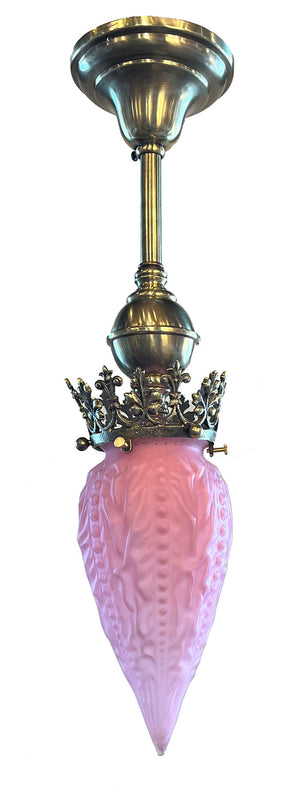 Antique Circa 1900 Late Victorian Pendant with Decorative Cast Brass Gallery and Original Pink Bullet Shade