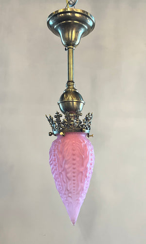 Antique Circa 1900 Late Victorian Pendant with Decorative Cast Brass Gallery and Original Pink Bullet Shade