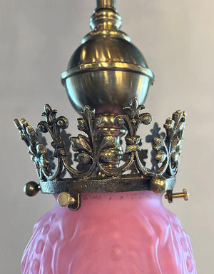 Antique Circa 1900 Late Victorian Pendant with Decorative Cast Brass Gallery and Original Pink Bullet Shade