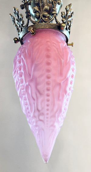 Antique Circa 1900 Late Victorian Pendant with Decorative Cast Brass Gallery and Original Pink Bullet Shade