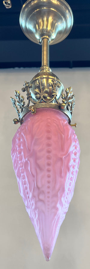 Antique Circa 1900 Late Victorian Pendant with Decorative Cast Brass Gallery and Original Pink Bullet Shade