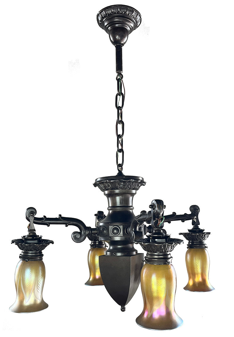 Stunning Early 1900s Edwardian Arts and Crafts Transitional Four Light with Original Signed Steuben Gold Aurene Pulled Feather Shades