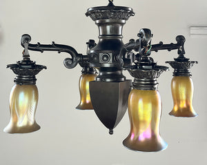 Stunning Early 1900s Edwardian Arts and Crafts Transitional Four Light with Original Signed Steuben Gold Aurene Pulled Feather Shades